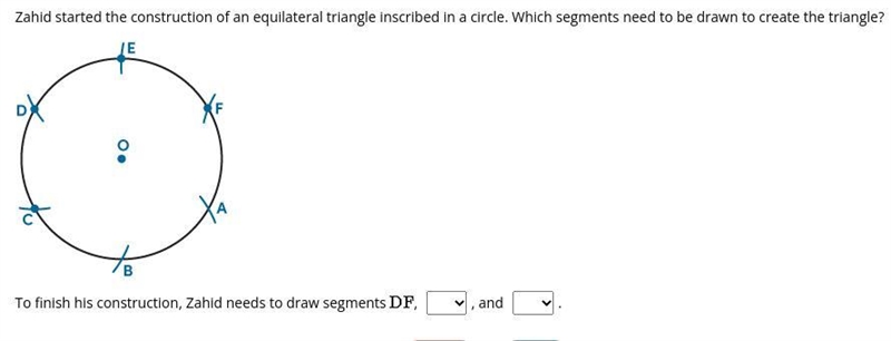 Zahid started the construction of an equilateral triangle inscribed in a circle. Which-example-1