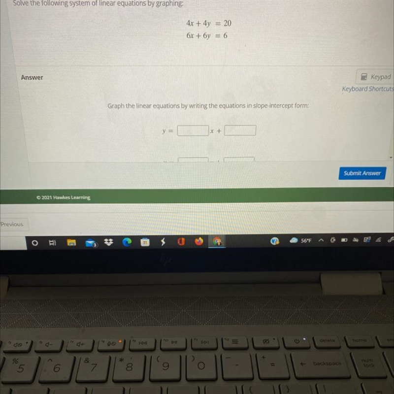 Solve the following system of linear equations by graphing:4x + 4y = 206x + 6y = 6-example-1