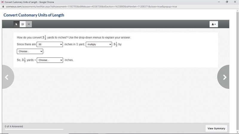 How do you convert 3 1/3 yards to inches? Use the drop-down menus to explain your-example-1