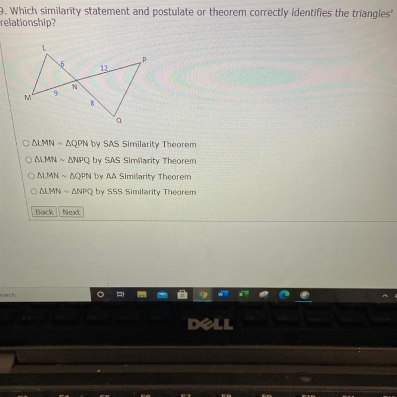 Which similarity statement and postulate or Theorem correctly identity’s the triangles-example-1