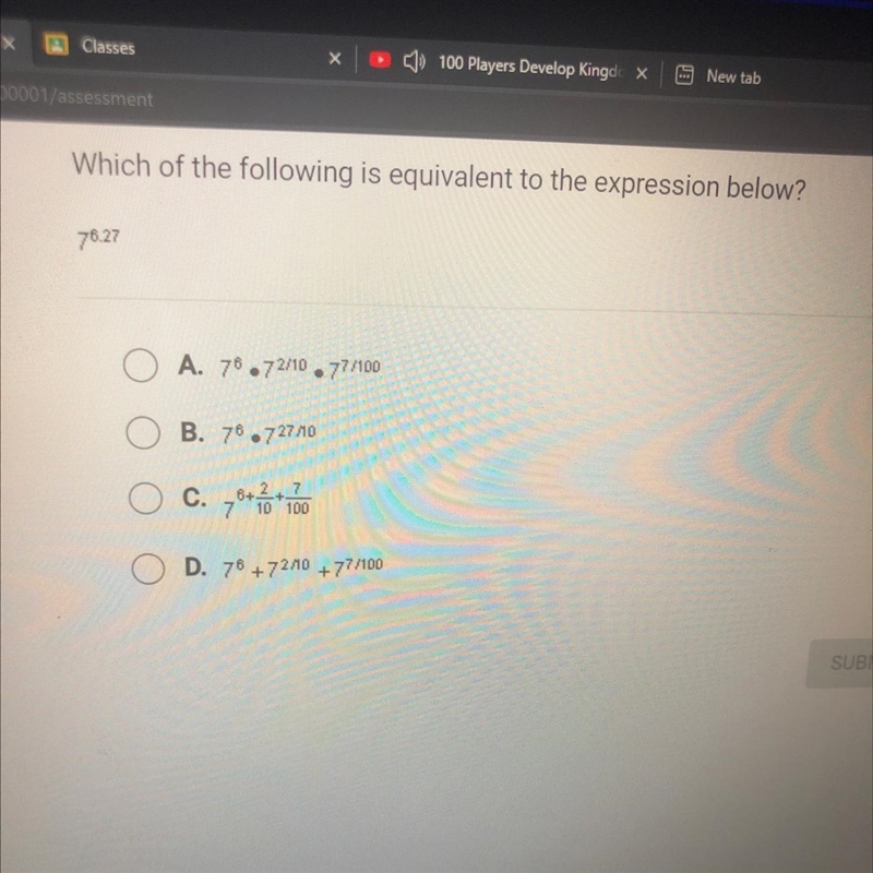 Which of the following is equivalent to the expression below?7827O A. 78.72/10.77400B-example-1