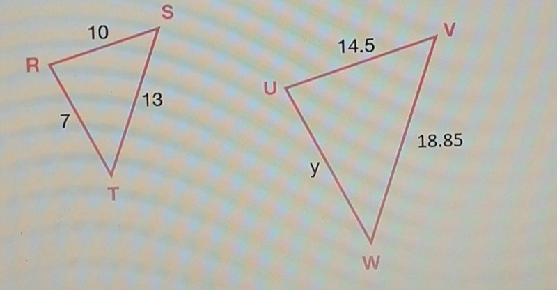 Triangles RST and UVW are similar. Find the missing side y.-example-1