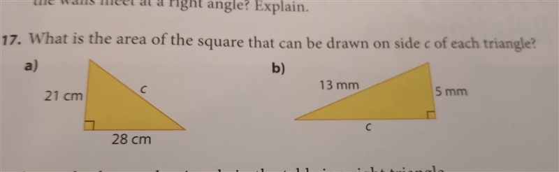 17. What is the area of the square that can be drawn on side c of each triangle? a-example-1