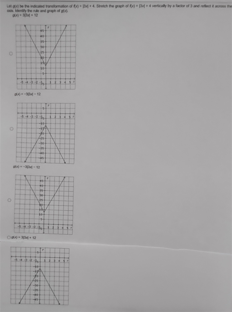 Let g(x) be the indicated transformation of f(x) = I3xI + 4. Stretch the graph of-example-1