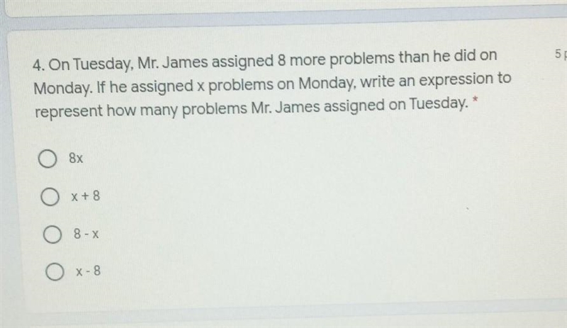 On Tuesday, Mr. James assigned 8 more problems than he did on Monday. If he assigned-example-1