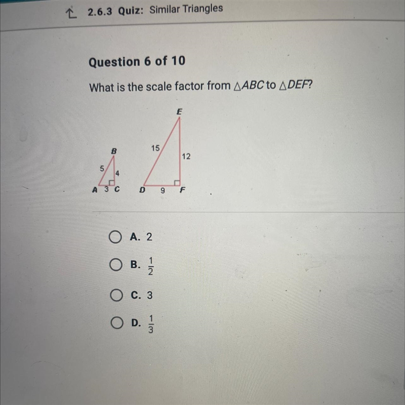 What is the scale factor from ABC to DEF?-example-1