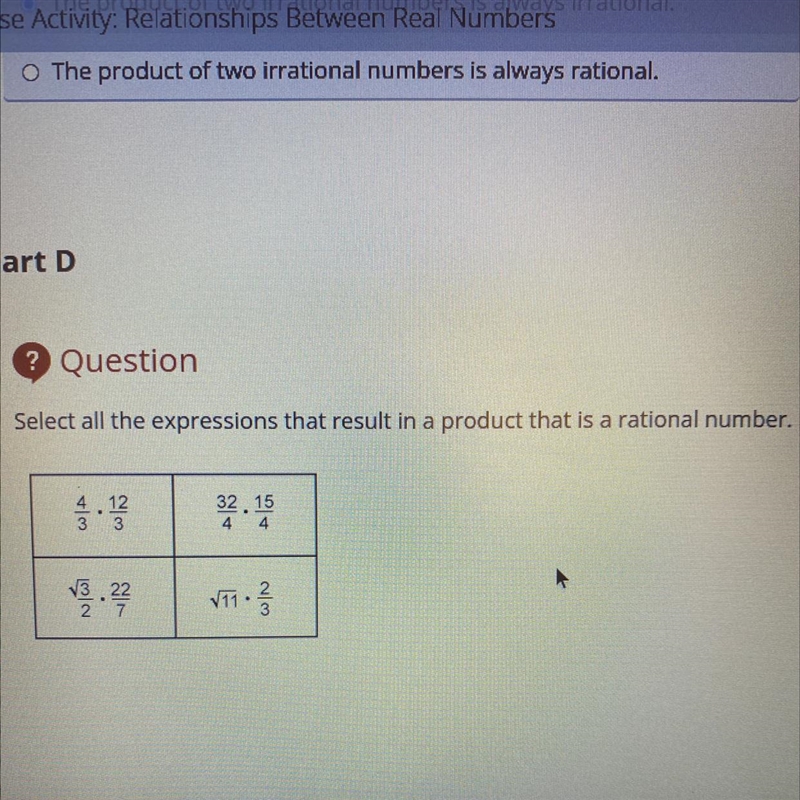 Select all the expressions that result in a product that is a rational number.-example-1