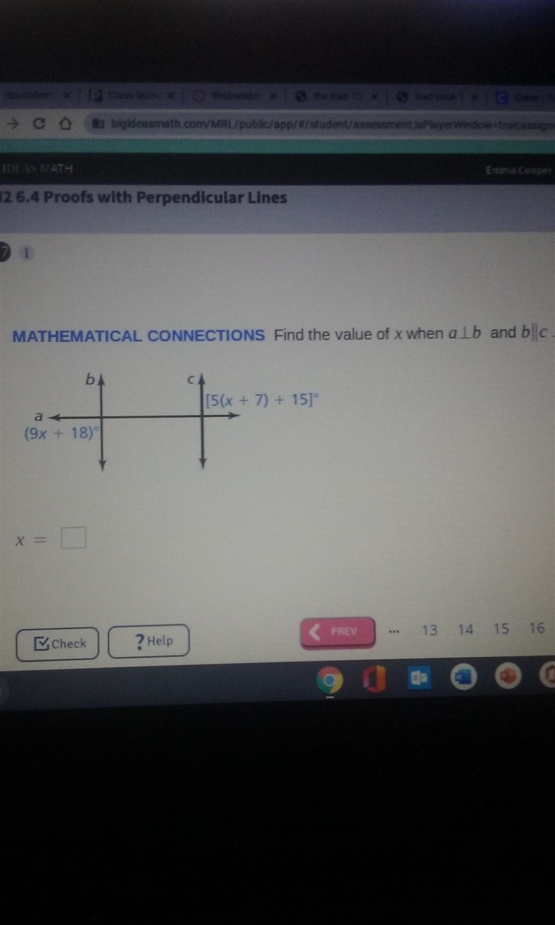 17 i MATHEMATICAL CONNECTIONS Find the value of x when alb and ble bA CA (5(x + 7) + 15]° a-example-1