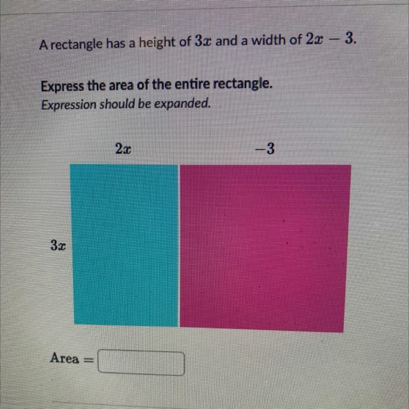 A rectangle has a height of 3x and a width of 2x-3Express the area or the entire triangle-example-1