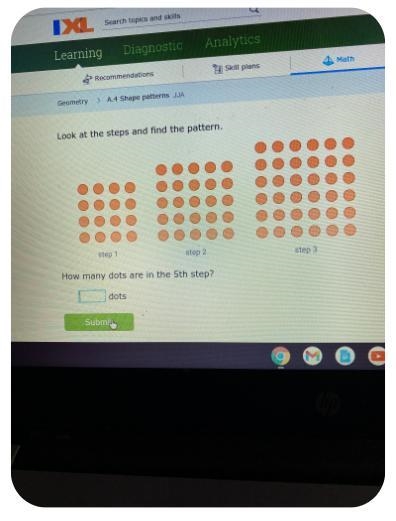 Look at the steps and find the pattern.step 1step 2step 3How many dots are in the-example-1