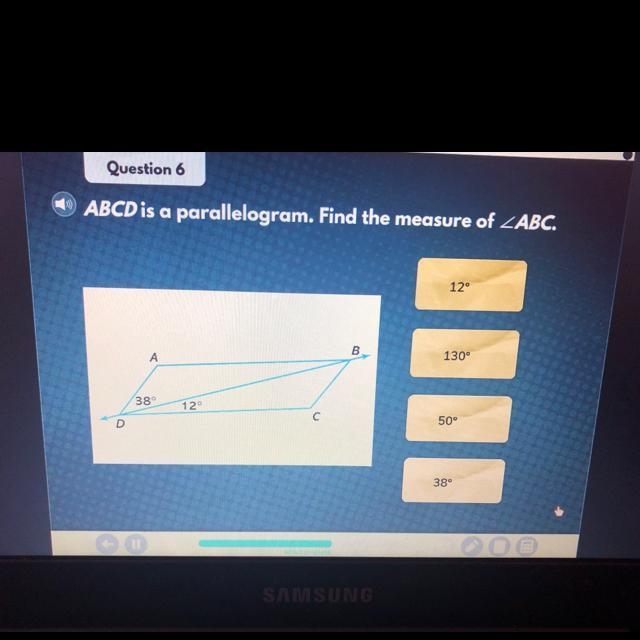 ABCD is a parallelogram. Find the measure of ZABC.12°BA130°38°12°C сD50°38°-example-1