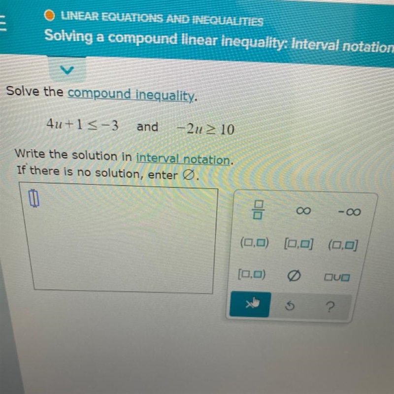 Solve the compound an equality. Write the solution in interval notation.-example-1