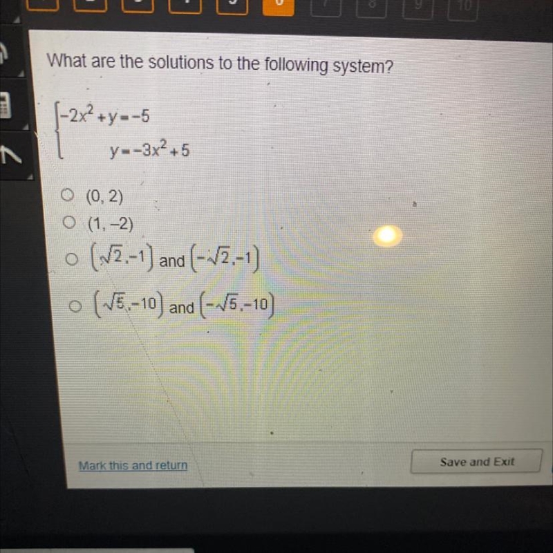 What are the solutions to the following system?{-2x+y=-5y=-3x2 + 50 (0, 2)O (1, -2)o-example-1