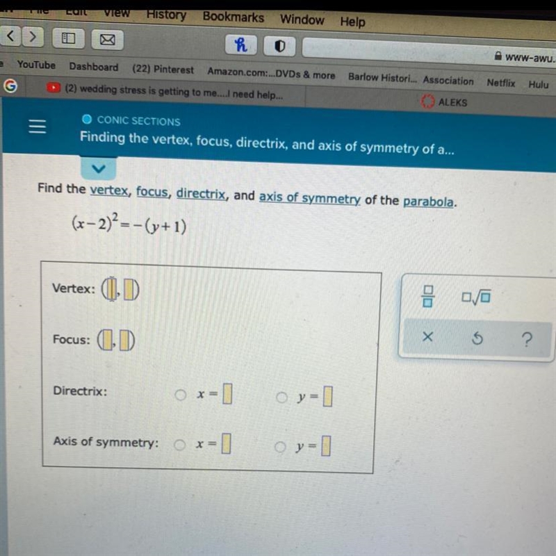 Find the vertex focus directrix and axis of symmetry of the parabola-example-1