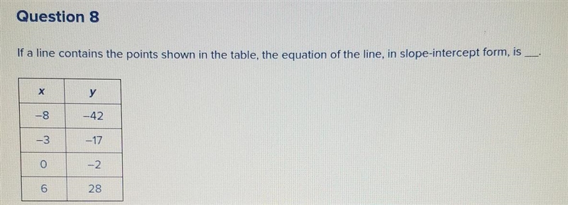 If a line contains the points shown in the table, the equation of the line, in slope-example-1