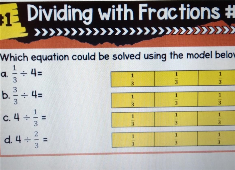 #1 Dividing with Fractions #1 Which equation could be solved using the model below-example-1