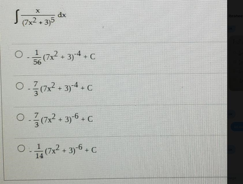 그는 [d (7x2 + 37 0) 를 0 (24 3) 4 10 ○ (7x2+3) 4+c ○ (x3)6+c 급 (7x + 3) 6 5-example-1