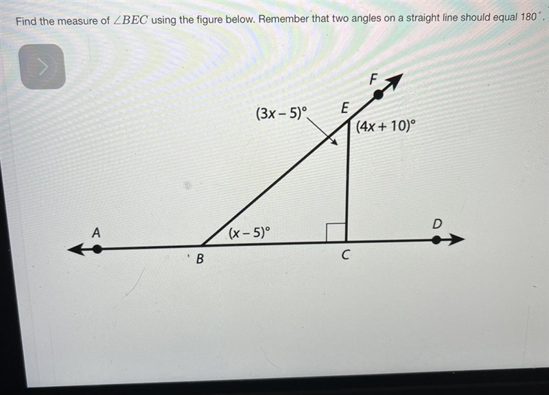 Find the measurements of angle BEC using the figure below . Remember that two angles-example-1