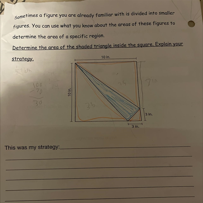 Determine the area of the shaded triangle inside the square explain your strategy-example-1