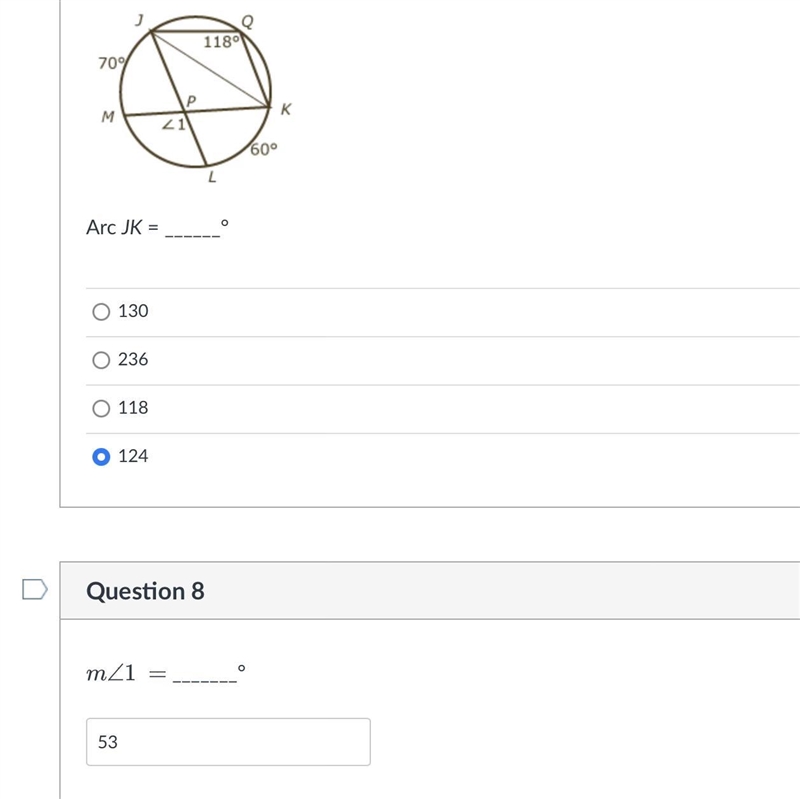 Circle theorems: Please solve for arc JK and angle 1. (Ignore the entered answers-example-1