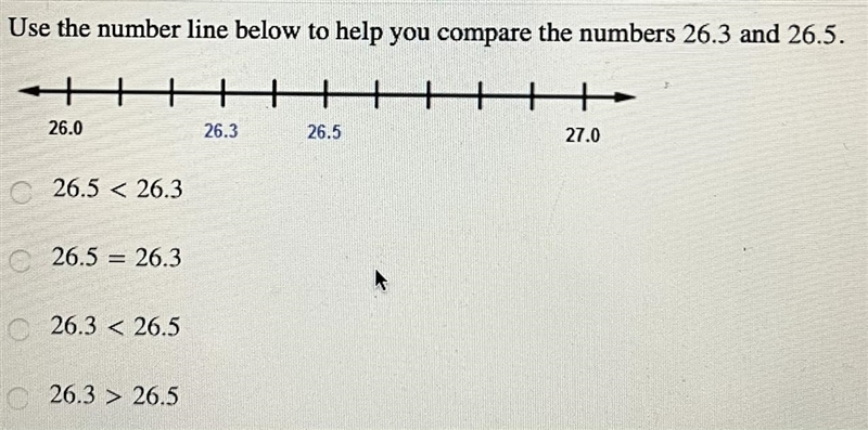 Use the number line below to help you compare the numbers 26.3 and 26.5.26.026.326.527.026.5 &lt-example-1