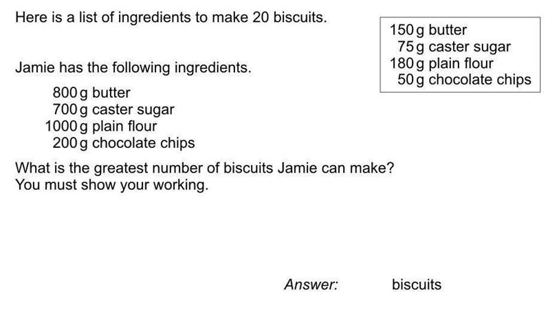 Here is a list of ingredients to make 20 biscuits. 150 g butter 75 g caster sugar-example-1