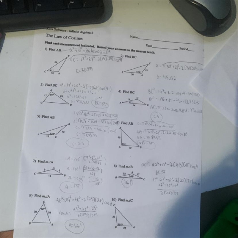 Find indicated measure, round to the nearest tenth. Use law of cosines. Question 10.-example-1