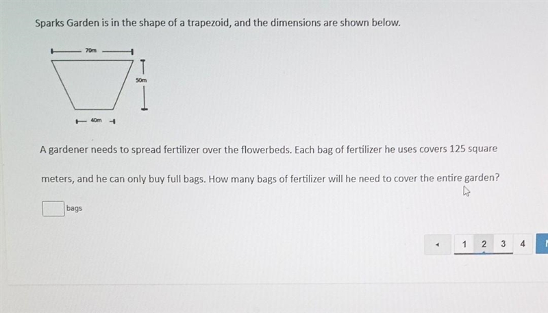 Sparks garden is in the shape of a trapezoid and the dimensions are shown belowa gardener-example-1