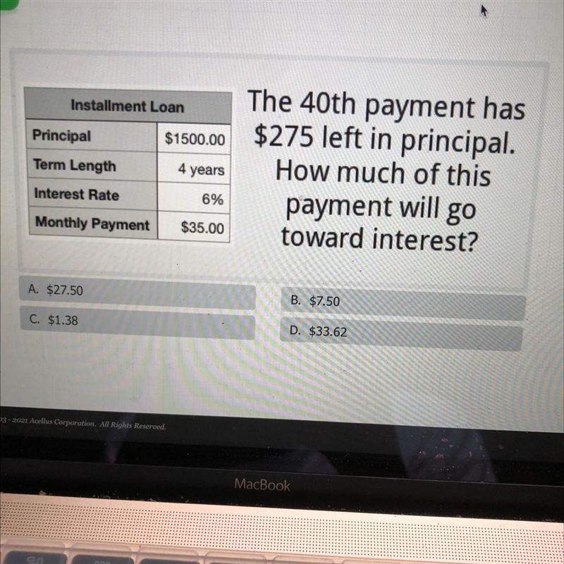 Installment Loan$1500.00PrincipalTerm Length4 yearsThe 40th payment has$275 left in-example-1