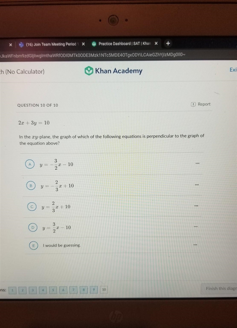 2c3y = 10 In the ry-plane, the graph of which of the following equations is perpendicular-example-1