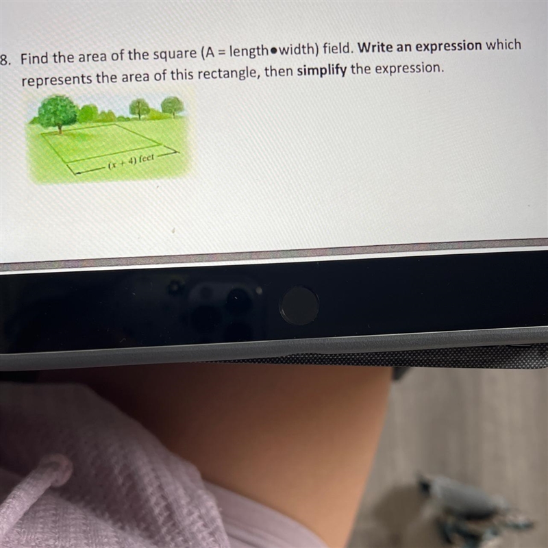 8. Find the area of the square (A = length*width) field. Write an expression whicrepresents-example-1