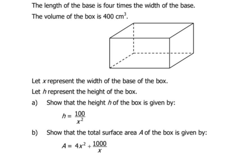 Find the value of x which optimises the total surface area of the box, and showthat-example-1