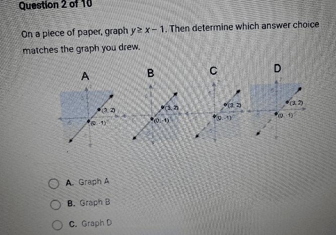 On a piece of paper, graph yz 2x - 3. Then determine which answer choicematches the-example-1