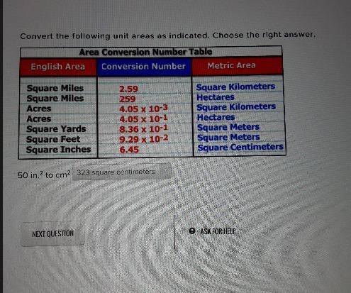 Convert the following unit areas as indicated. Choose the right answe Area Conversion-example-1