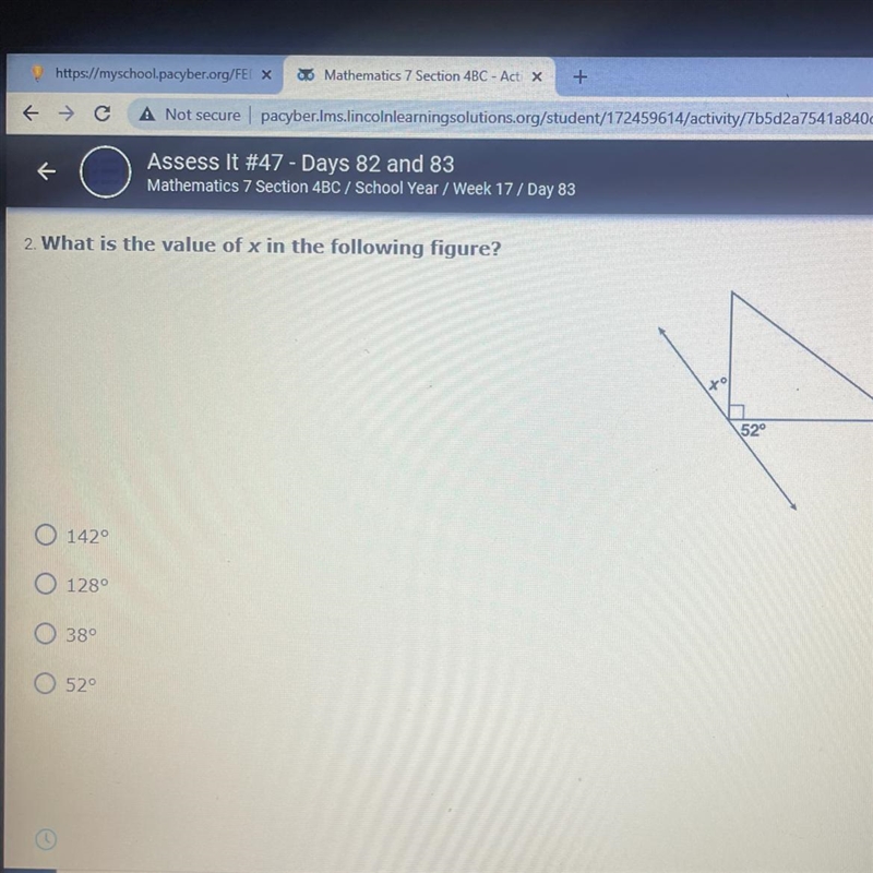 What is the value x in the following figure? 142 128 38 52-example-1