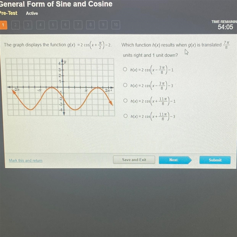 Which function h(x) results when g(x) is translated 7pie/8 units right and 1 unit-example-1