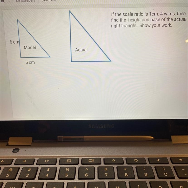 If the scale ratio is 1 cm: 4 yards, then find the height and base of the actual right-example-1