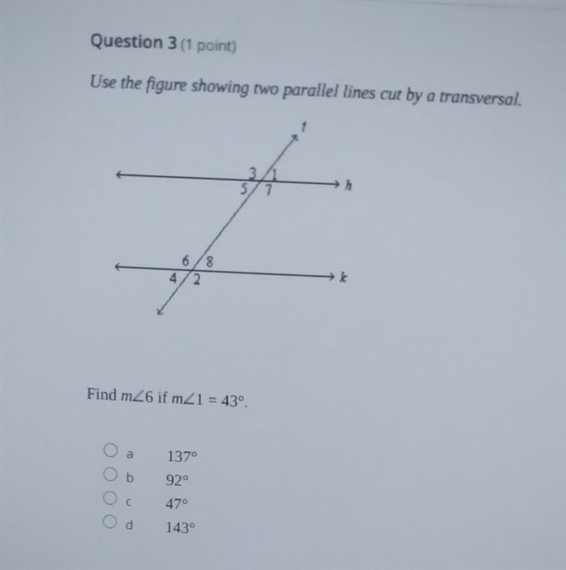 Use the figure two parallel lines cut by a transvesal.-example-1