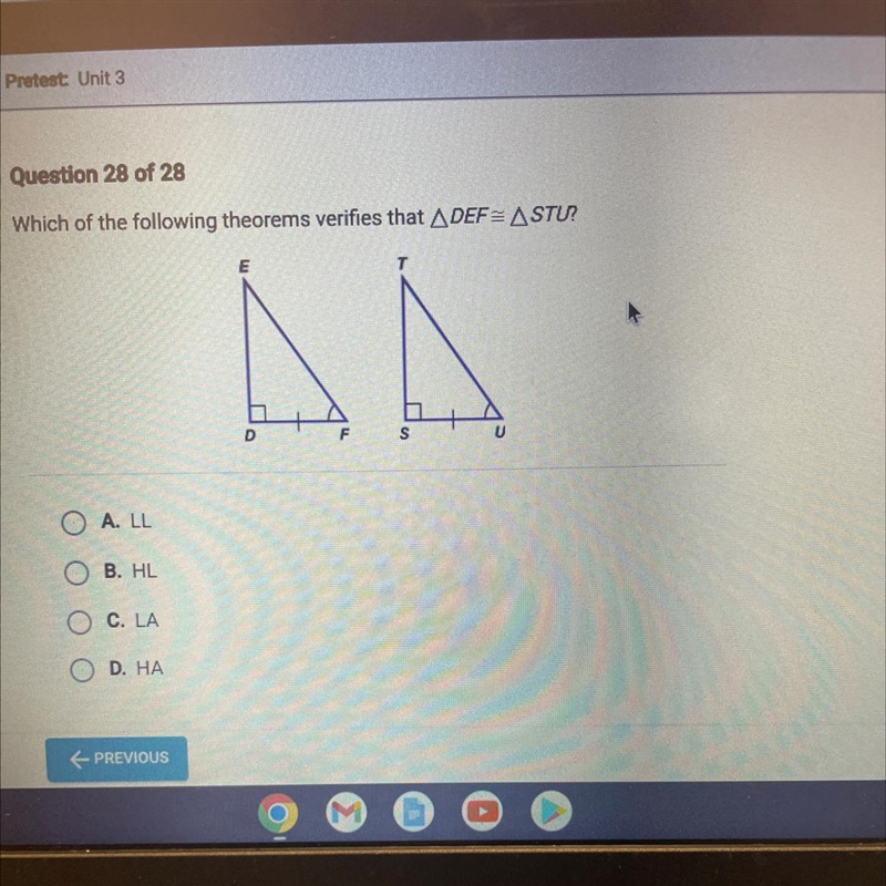 Which of the following theorems verifies that ADEF=ASTU?EAADFA. LLOB. HLOC. LAOD. HA-example-1