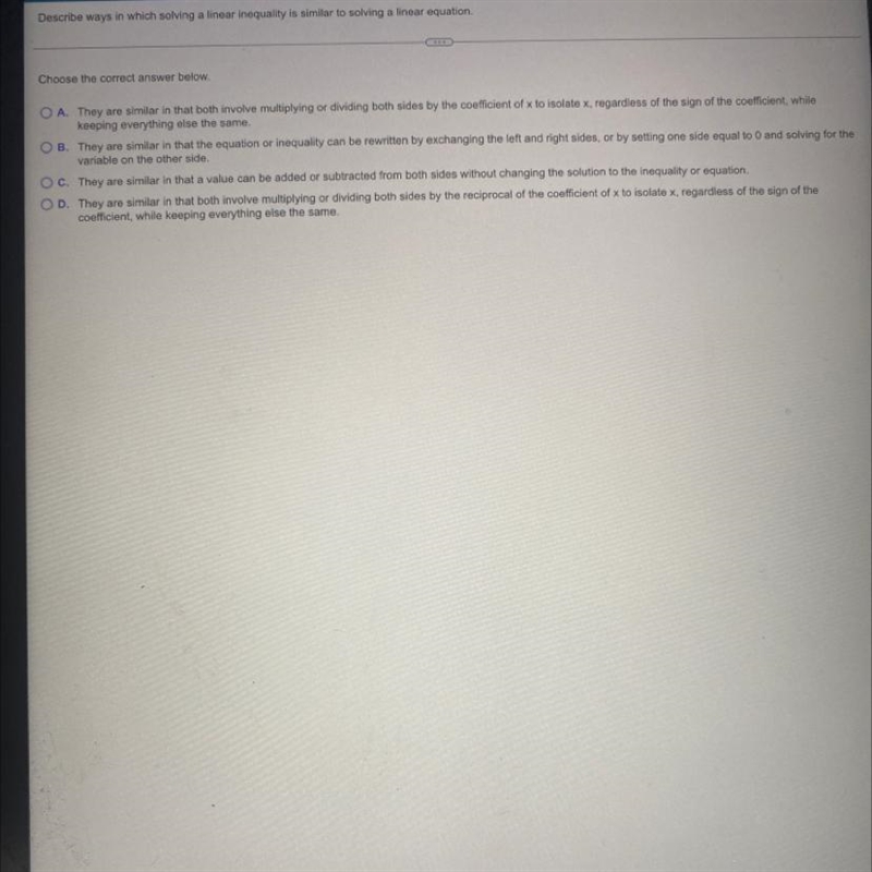 escribe ways in which solving a linear inequality is similar to solving a linear equation-example-1