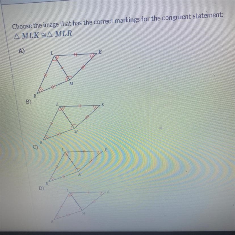 Chose the image that has the correct markings for the congruent statement.-example-1