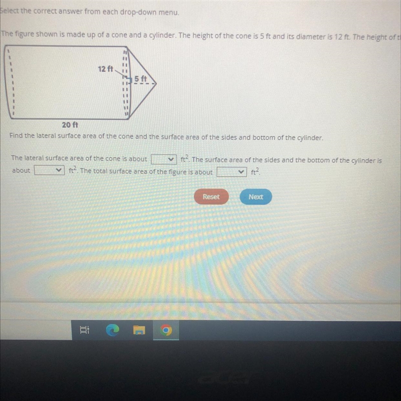 The figure shown is made up of a cone and a cylinder. The height of the cone is 5 ft-example-1