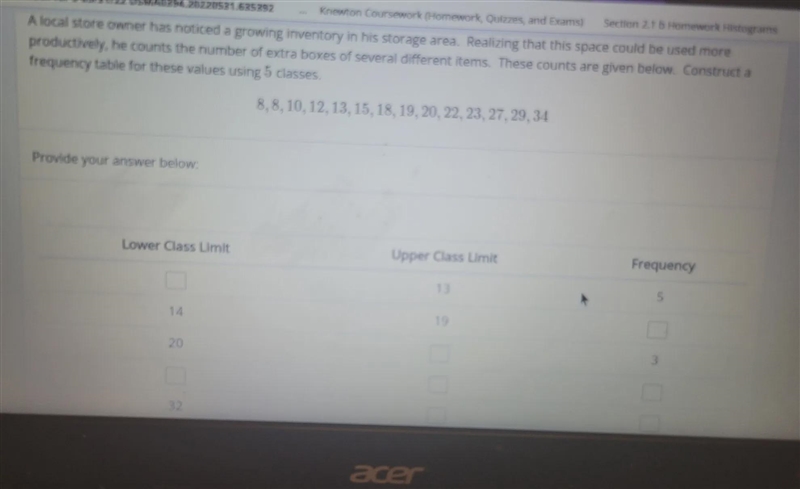 Construct a fragrancy table for these values using 5 classes.8 8 10 1213 15 18 19 22 23 27 29 34-example-1