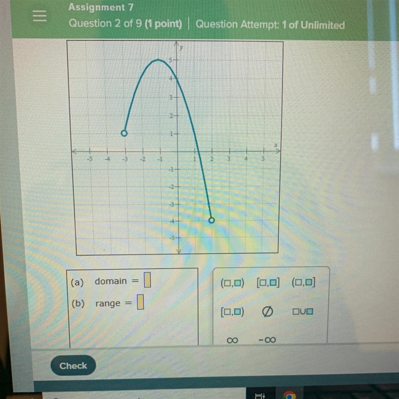 The entire graph of the function f is shown in the figure below. Write the domain-example-1