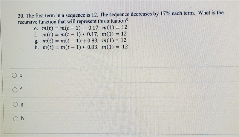 The first term in a sequence is 12. The sequence decreases by 17% cach term. What-example-1