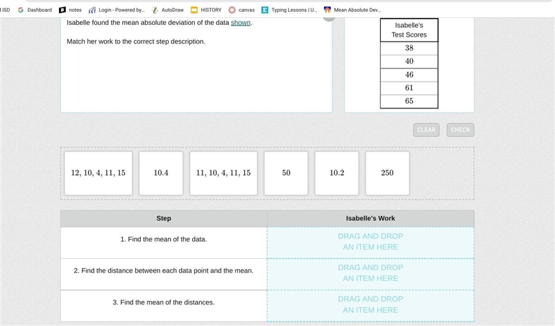 Isabelle found the mean absolute deviation of the data shown. Match her work to the-example-1