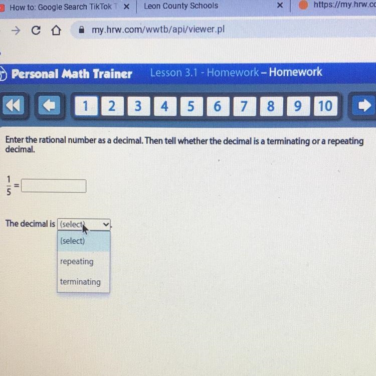 Enter the rational number as a decimal. Then tell whether the decimal is a terminating-example-1