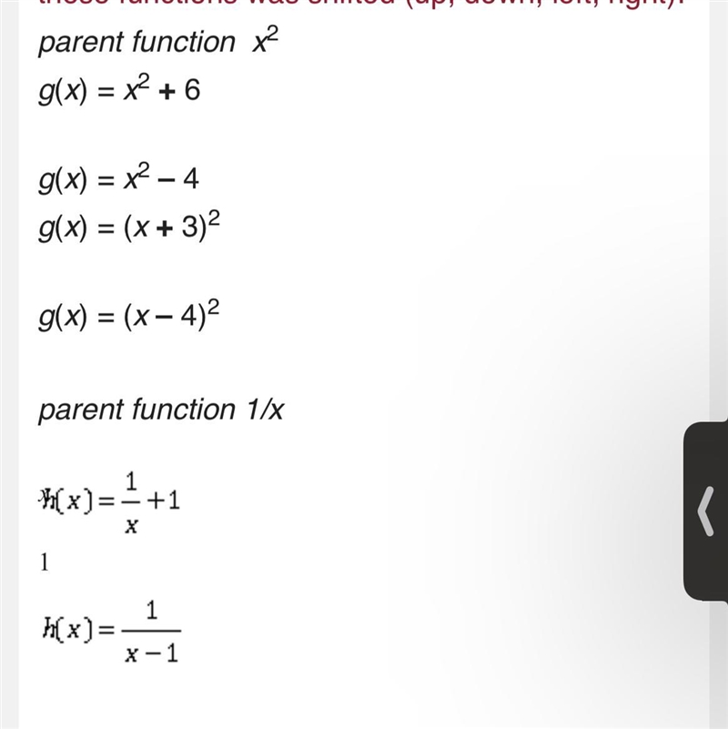 state how each ofthese functions was shiftedLeft, right, up, downparent function 2 g-example-1