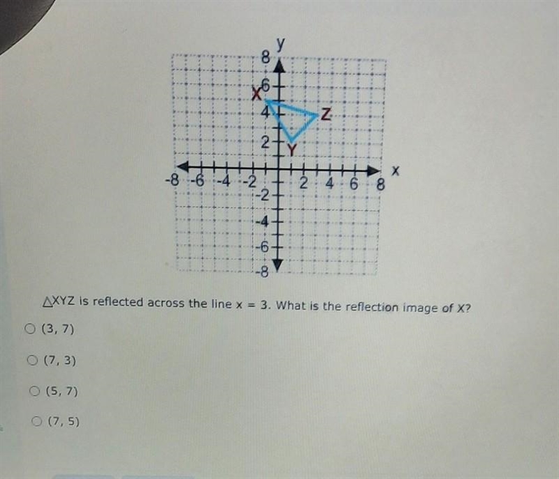 What is the reflection image of X? 0 (3,7) O (73) (5,7) (7,5)-example-1