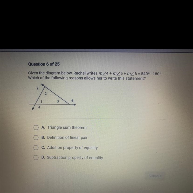 Given the diagram below, Rachel writes m24+ m25+ m26 = 540° - 180°. Which of the following-example-1